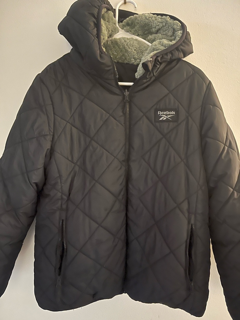 Reebok Women’s Reversible Quilted Black Hooded Jacket Size Large